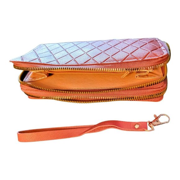 Vegan Double Zipper Multi section Wallet Wristlet Phone-Holder Clutch Gift - Picture 3 of 5